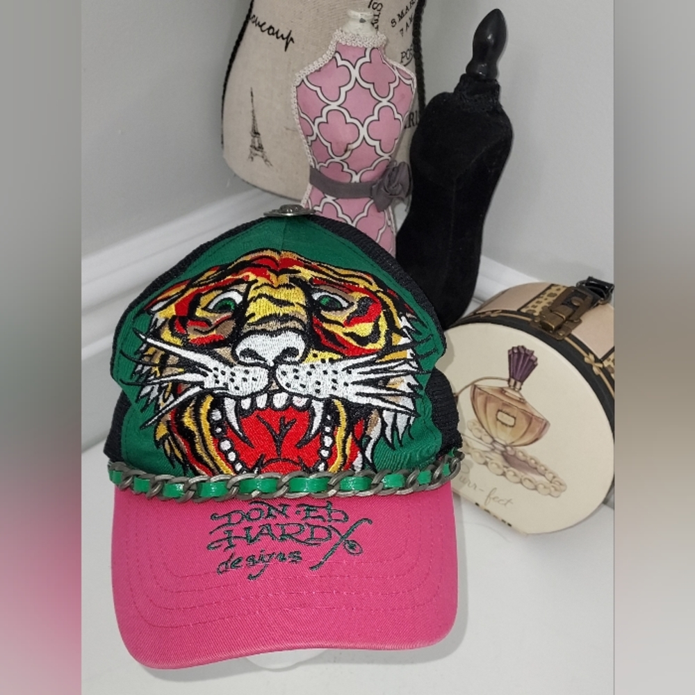Ed Hardy Vintage Embroidered Trucker Hat with Chain Detail and Snap Back NWOT